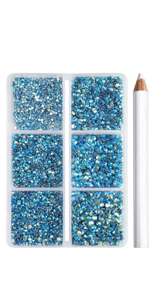 Beadsland 7200pcs Flatback Rhinestones,Nail Gems Round Crystal Rhinestones for Crafts,Mixed 6 Sizes with Wax Pencil Kit, SS3-SS10-Aquamarine AB