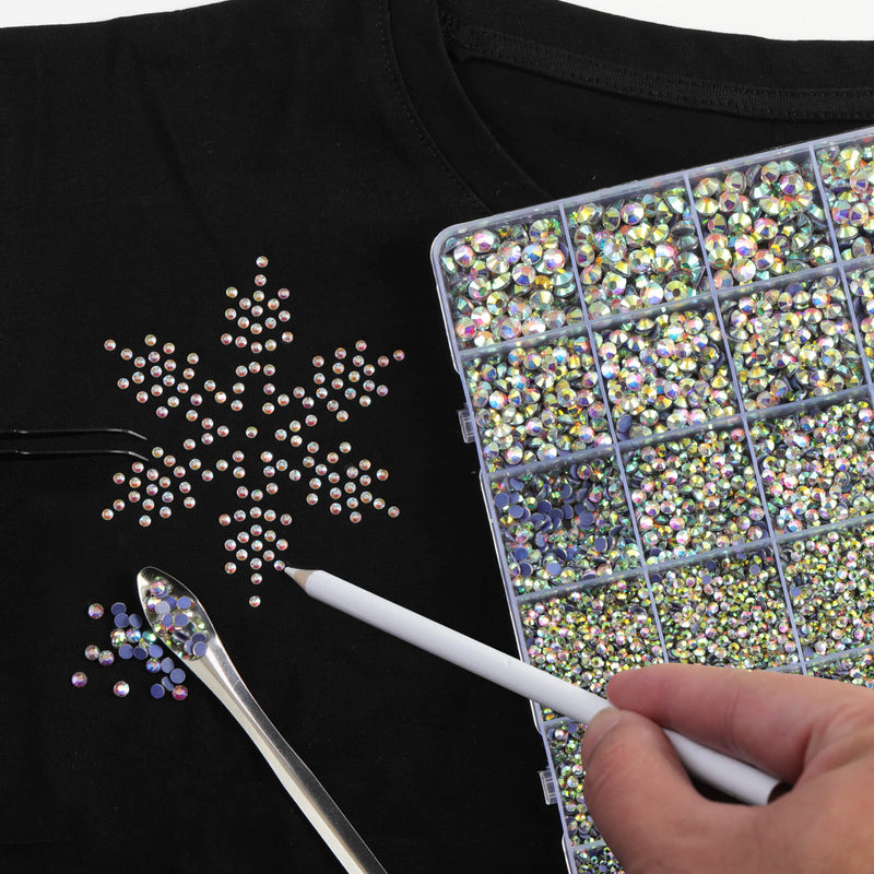 Hotfix Rhinestones Multi Sizes Kit, 14400 pcs Heat Fix Rhinestone for Bedazzling Clothes Crafts Mixed 5 Sizes with Wax Pencil, Tweezers and Spoon, SS6-SS30, Clear AB