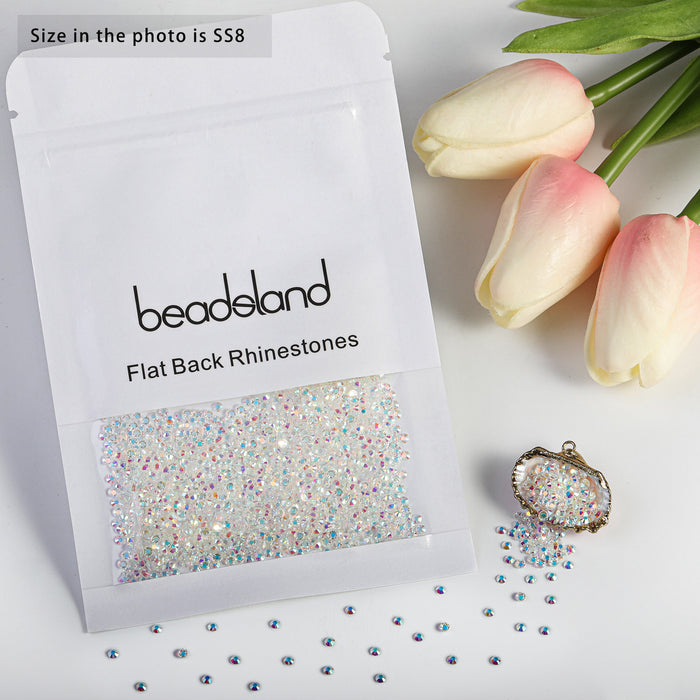 Beadsland Flat Back Crystal Rhinestones Round Gems For Nail Art And Craft Glue Fix- Transparent AB