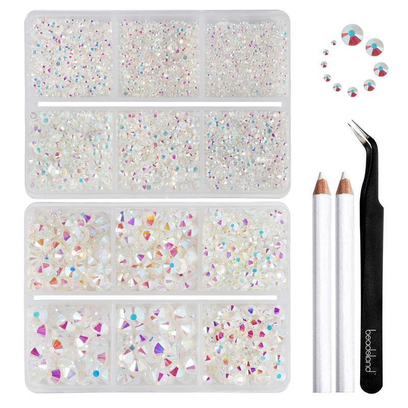 Beadsland 8300PCS Flatback Rhinestones, Nail Gems Round Crystal Rhinestones for Crafts, Mixed 10 Sizes with Wax Pencil and Tweezer Kit, SS3-SS30-Transparent AB