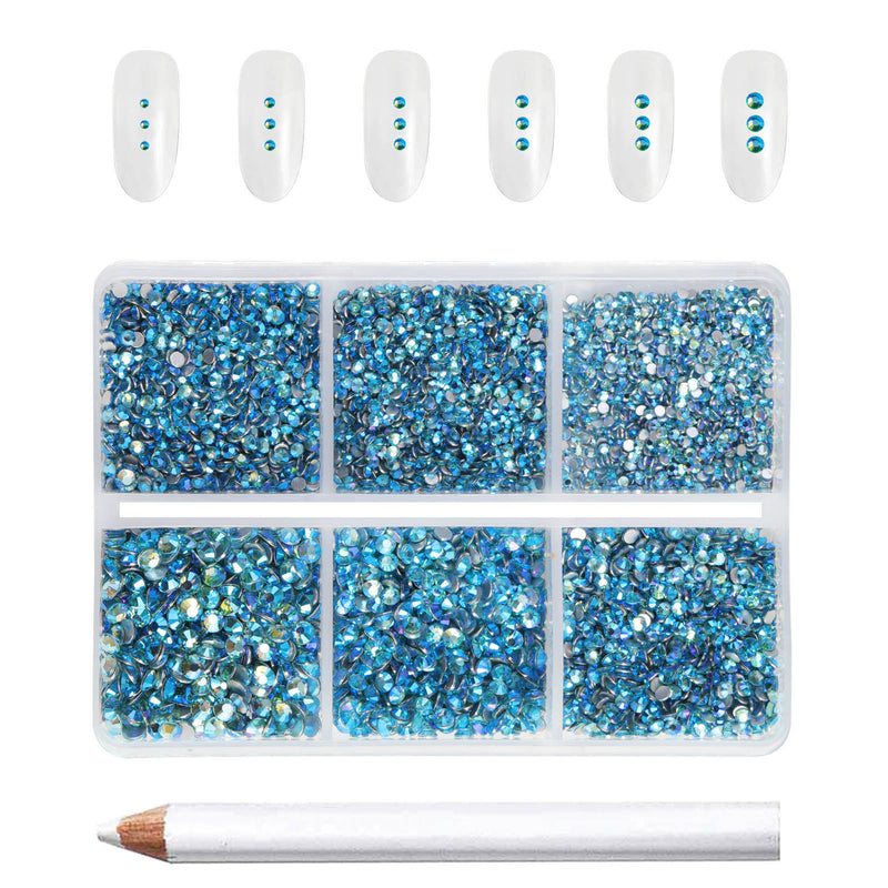 Beadsland 7200pcs Flatback Rhinestones,Nail Gems Round Crystal Rhinestones for Crafts,Mixed 6 Sizes with Wax Pencil Kit, SS3-SS10-Aquamarine AB