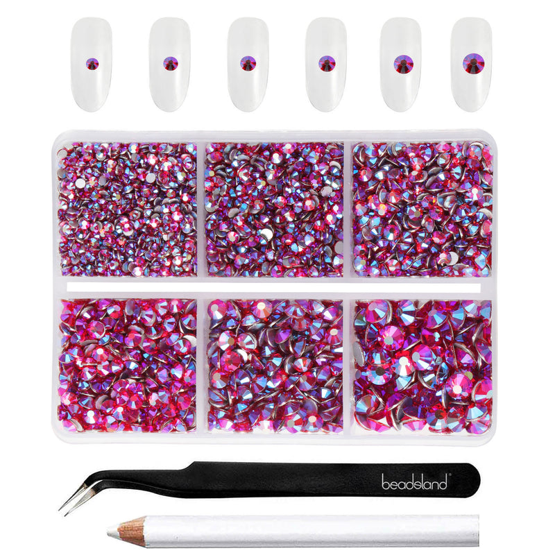 Beadsland 4300pcs Flatback Rhinestones,  Nail Gems Round Crystal Rhinestones for Crafts,Mixed 6 Sizes with Picking Tweezers and Wax Pencil Kit- Light Siam AB