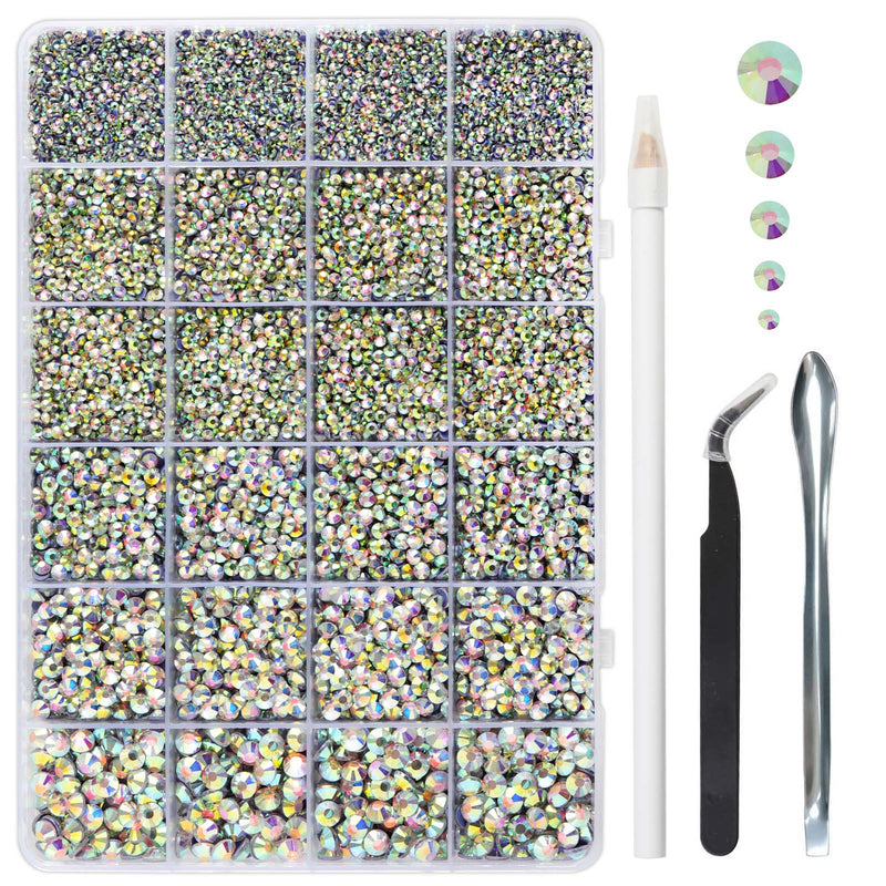 Hotfix Rhinestones Multi Sizes Kit, 14400 pcs Heat Fix Rhinestone for Bedazzling Clothes Crafts Mixed 5 Sizes with Wax Pencil, Tweezers and Spoon, SS6-SS30, Clear AB