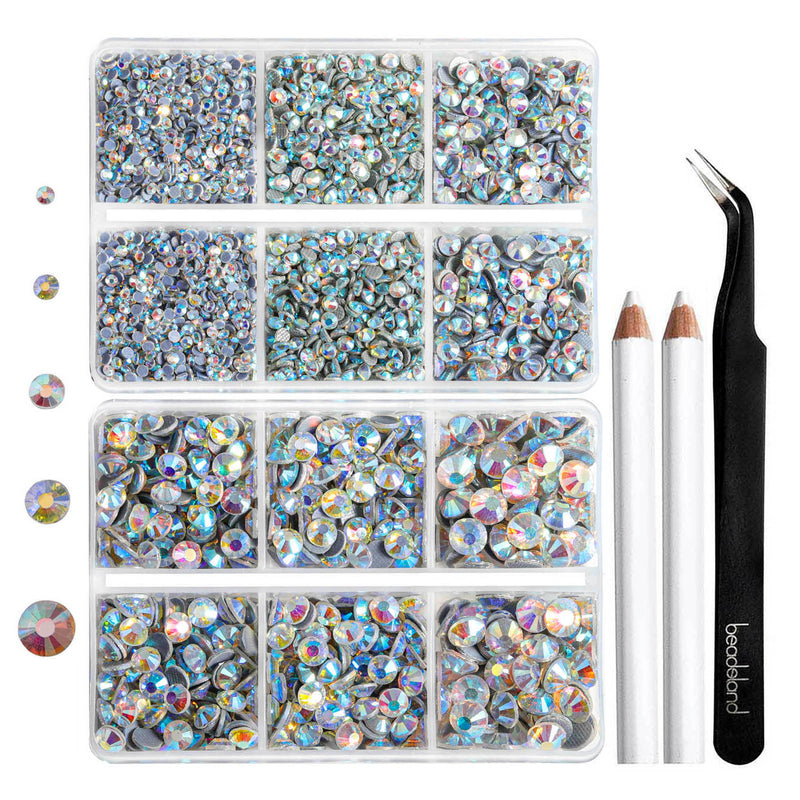 6736pcs Hotfix Rhinestones for Crafts Clothes Mixed 5 Sizes, Hotfix Crystals with Tweezers and Wax Pencil Kit, SS6-SS30- Crystal AB