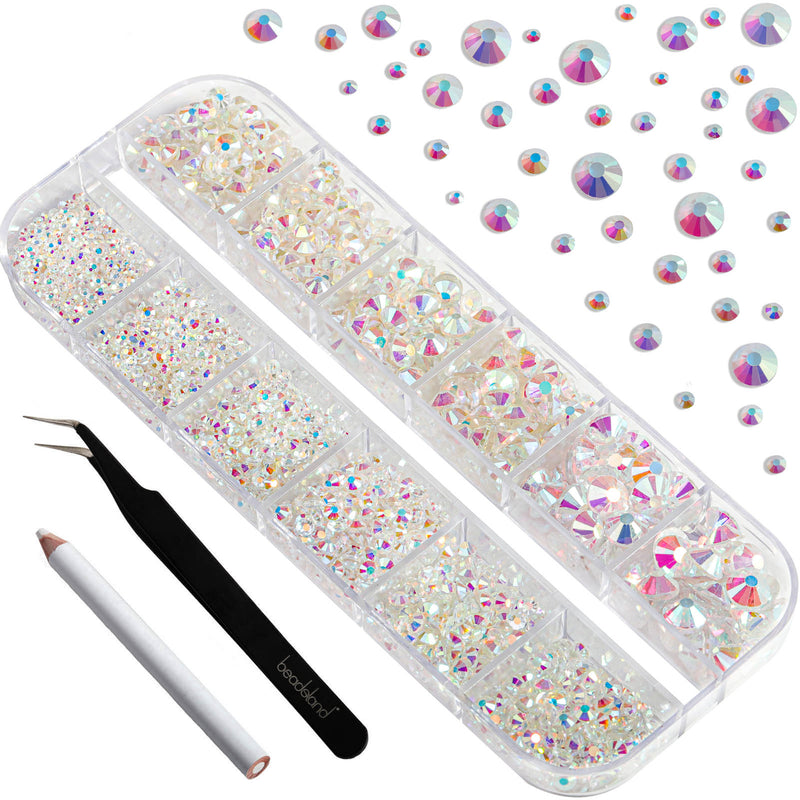 Beadsland Rhinestones for Makeup,8 sizes 2500pcs Flatback Rhinestones Face Gems for Nails Crafts with Tweezers and Wax Pencil- Transparent AB
