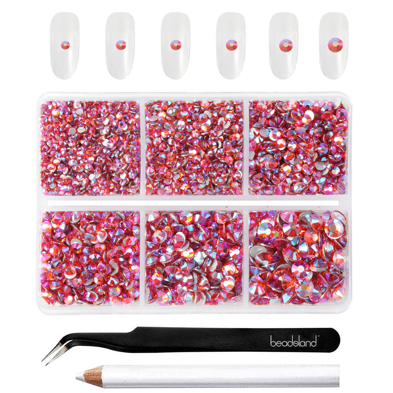 Beadsland 4300pcs Flatback Rhinestones,  Nail Gems Round Crystal Rhinestones for Crafts,Mixed 6 Sizes with Picking Tweezers and Wax Pencil Kit- Hyacinth AB