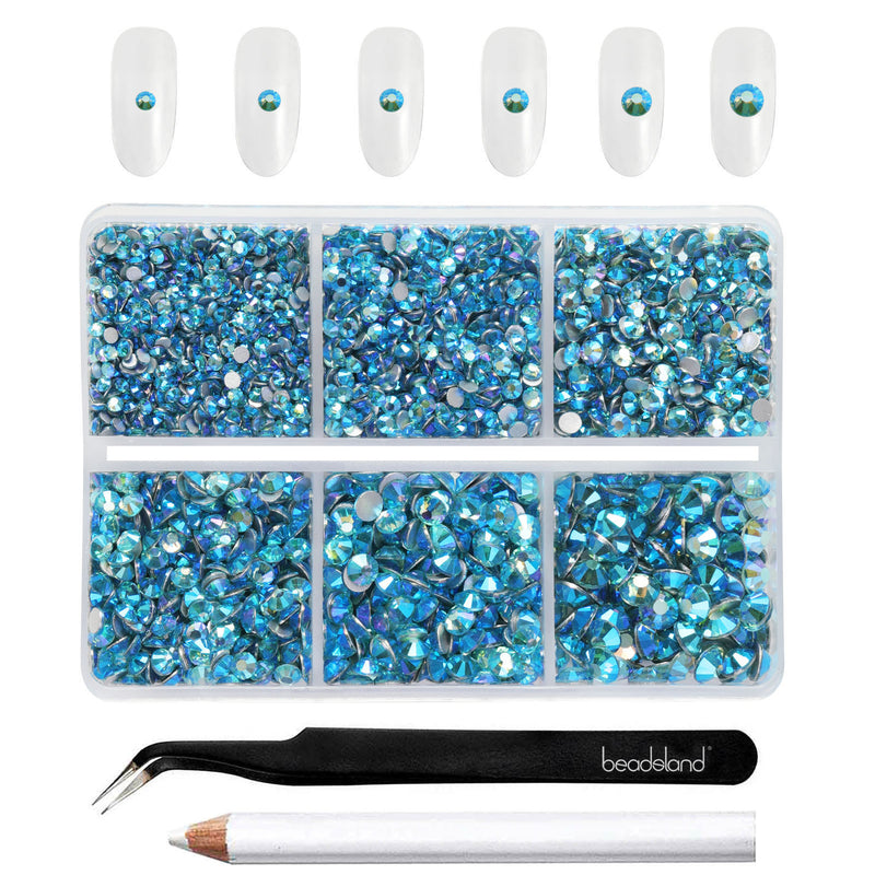 Beadsland 4300pcs Flatback Rhinestones,  Nail Gems Round Crystal Rhinestones for Crafts,Mixed 6 Sizes with Picking Tweezers and Wax Pencil Kit- Aquamarine AB