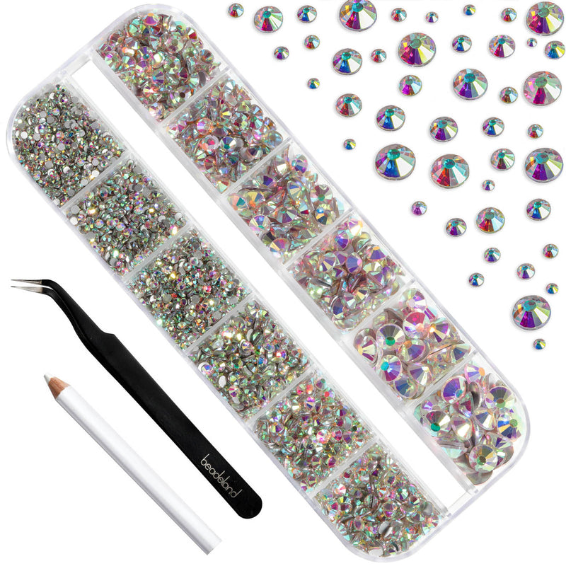 Beadsland Rhinestones for Makeup,8 sizes 2500pcs Flatback Rhinestones Face Gems for Nails Crafts with Tweezers and Wax Pencil- Crystal AB
