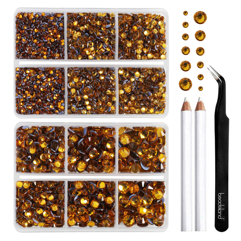 BEADSLAND Hotfix Rhinestones, 6080PCS Topaz Rhinestones for Clothes Crafts Mixed 6 Sizes with Wax Pencil and Tweezers Kit - Topaz