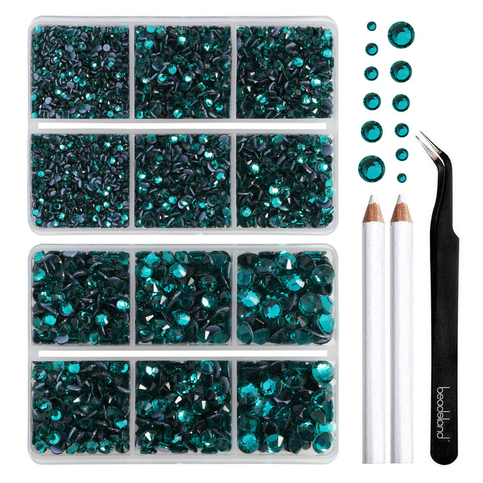 BEADSLAND Hotfix Rhinestones, 6080PCS Blue Rhinestones for Clothes Crafts Mixed 6 Sizes with Wax Pencil and Tweezers Kit - Blue Zircon