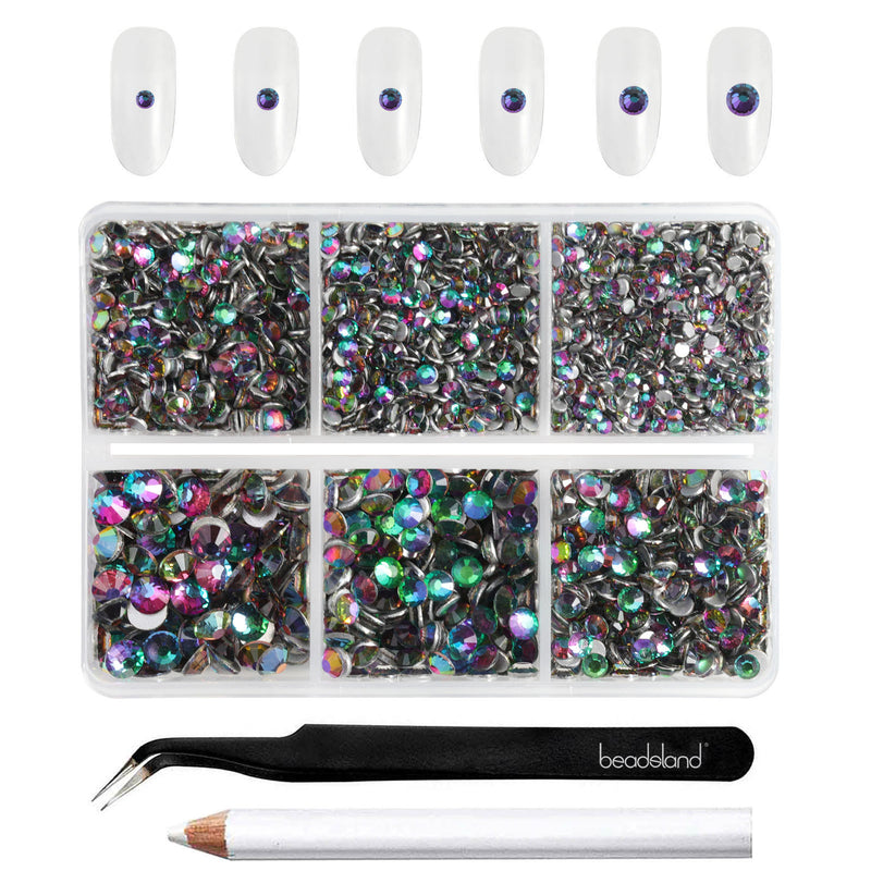 Beadsland 4300pcs Flatback Rhinestones,  Nail Gems Round Crystal Rhinestones for Crafts,Mixed 6 Sizes with Picking Tweezers and Wax Pencil Kit-Green Volcano