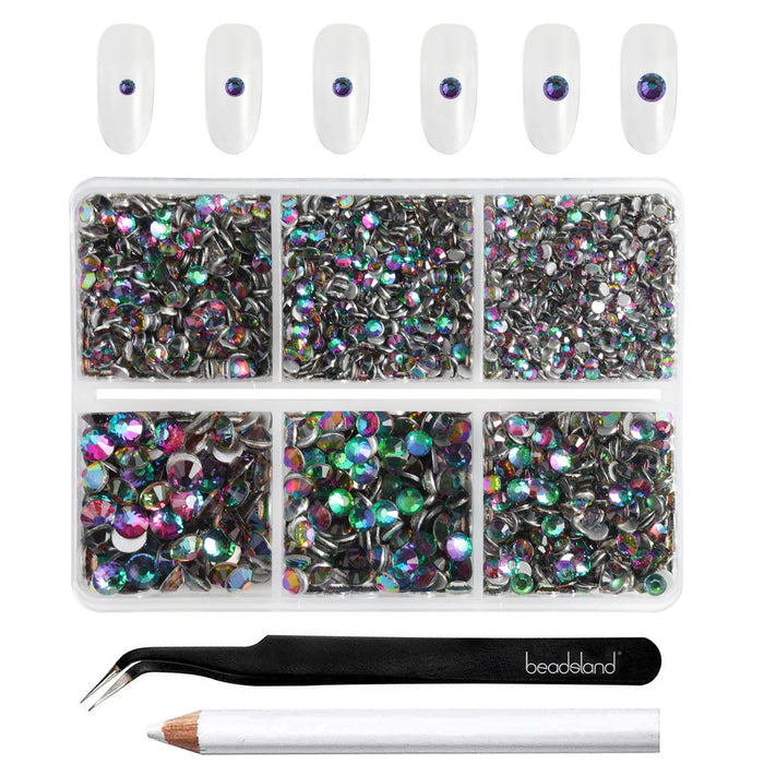 Beadsland 4300 piezas de diamantes de imitación con reverso plano, gemas para uñas, diamantes de imitación de cristal redondos para manualidades, mezcla de 6 tamaños con pinzas para recoger y kit de lápiz de cera, Greenvolcano