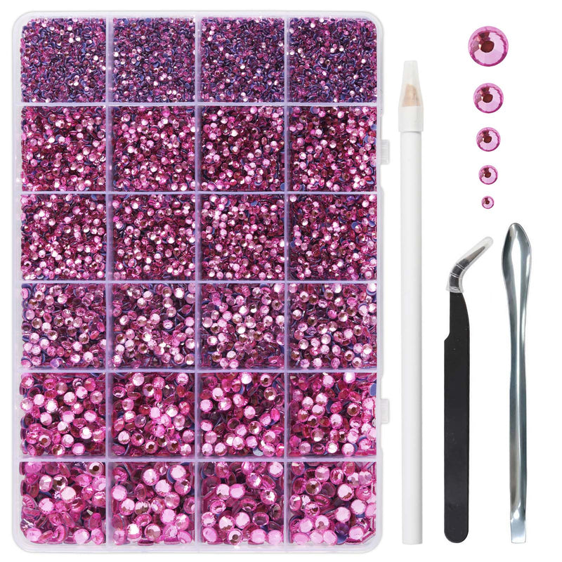 Pink Hotfix Rhinestones Multi Sizes Kit, 14400 pcs Heat Fix Rhinestone for Bedazzling Clothes Crafts Mixed 5 Sizes with Wax Pencil, Tweezers and Spoon, SS6-SS30, Dark Pink