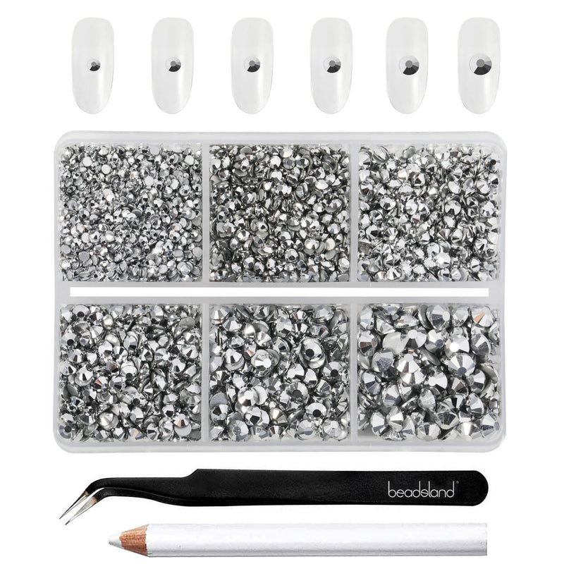 Beadsland 4300pcs Flatback Rhinestones,  Nail Gems Round Crystal Rhinestones for Crafts,Mixed 6 Sizes with Picking Tweezers and Wax Pencil Kit- Silver Hematite