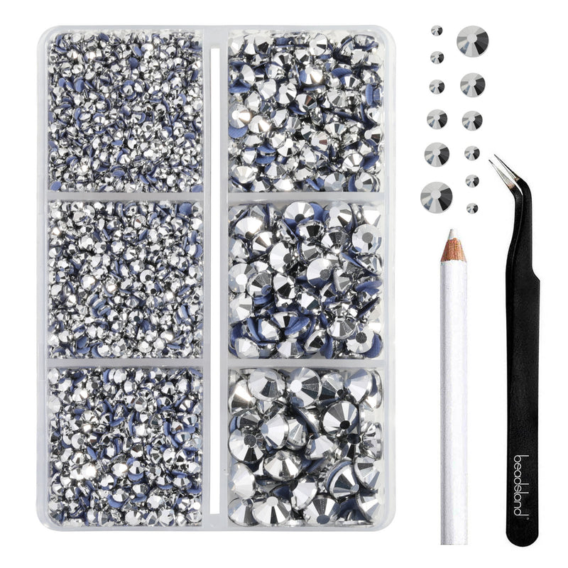 BEADSLAND Hotfix Rhinestones, 4000 PCS Silver Rhinestones for Clothes Crafts Mixed 6 Sizes with Wax Pencil and Tweezers Kit, SS6-SS30, Silver Hematite