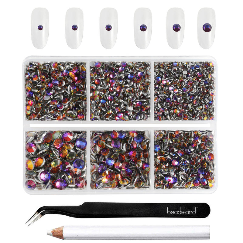 Beadsland 4300pcs Flatback Rhinestones,  Nail Gems Round Crystal Rhinestones for Crafts,Mixed 6 Sizes with Picking Tweezers and Wax Pencil Kit-Blue Volcano