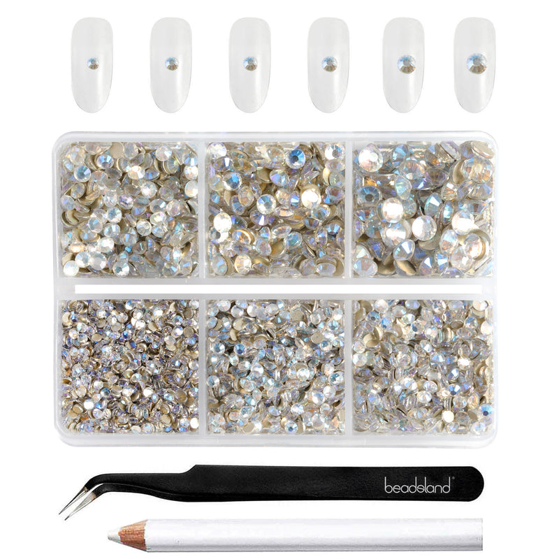 Beadsland 4300pcs Flatback Rhinestones, Nail Gems Round Crystal Rhinestones for Crafts,Mixed 6 Sizes with Picking Tweezers and Wax Pencil Kit-Blue Moonlight
