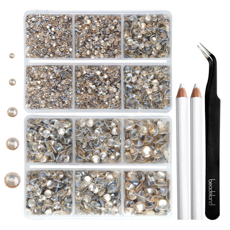 6736pcs Hotfix Rhinestones for Crafts Clothes Mixed 5 Sizes, Hotfix Crystals with Tweezers and Wax Pencil Kit, SS6-SS30- Golden Shadow