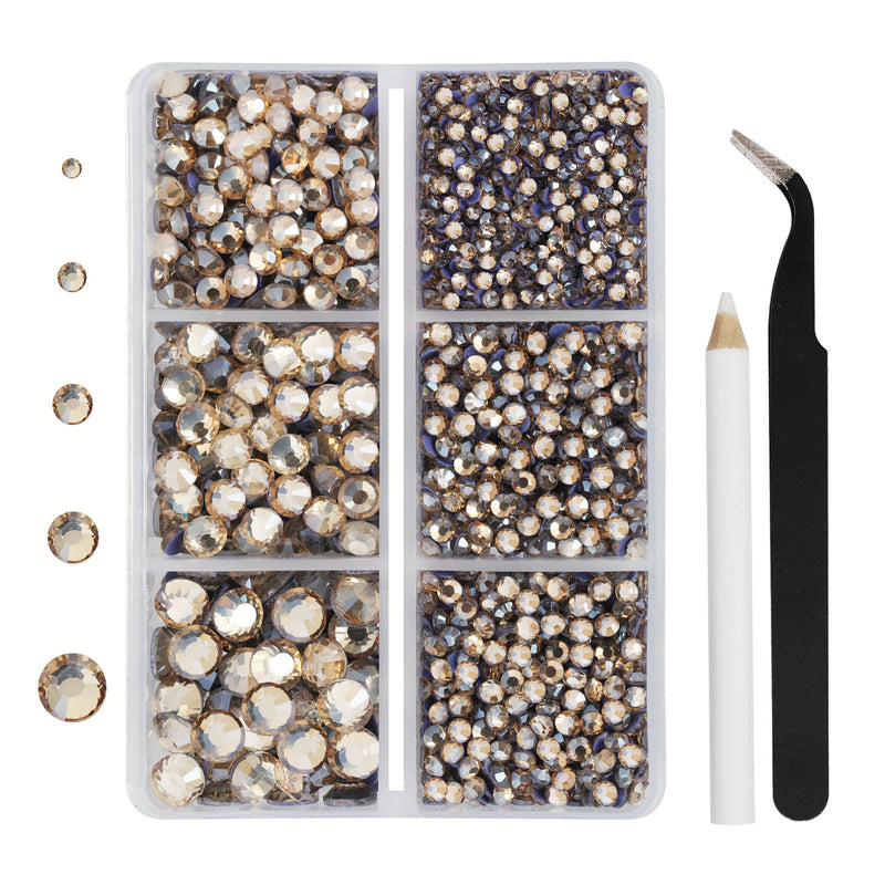 Hotfix Rhinestones 3960pcs, Rhinestone for Clothes, Hot Fix Crystals Rhinestones with Tweezers and Wax Pencil Kit,Mixed 5 Sizes, SS6-SS30, Golden Shadow