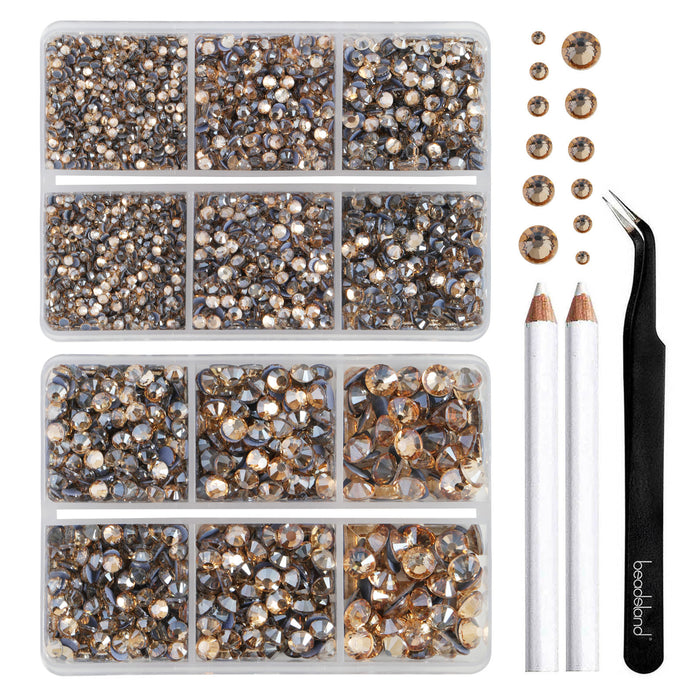 BEADSLAND Hotfix Rhinestones, 6080PCS Golden Rhinestones for Clothes Crafts Mixed 6 Sizes with Wax Pencil and Tweezers Kit - Golden Shadow