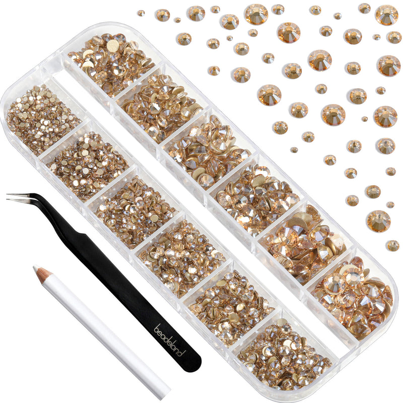 Beadsland Rhinestones for Makeup,8 sizes 2500pcs Flatback Rhinestones Face Gems for Nails Crafts with Tweezers and Wax Pencil- Golden Shadow