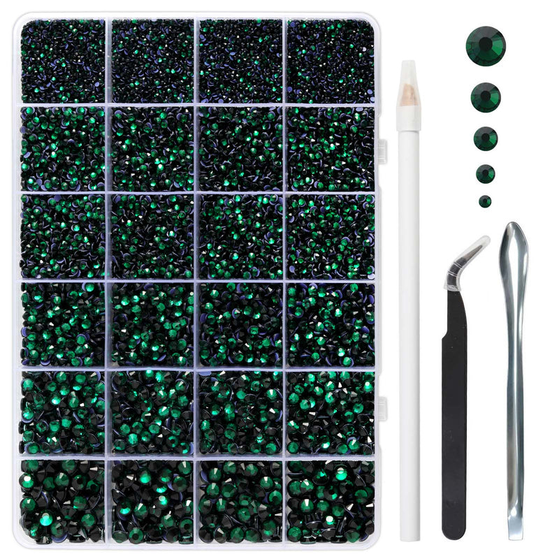 Dark Green Hotfix Rhinestones Multi Sizes Kit, 14400 pcs Heat Fix Rhinestone for Bedazzling Clothes Crafts Mixed 5 Sizes with Wax Pencil, Tweezers and Spoon, SS6-SS30, Emerald