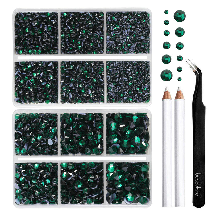 BEADSLAND Hotfix Rhinestones, 6080PCS Green Rhinestones for Clothes Crafts Mixed 6 Sizes with Wax Pencil and Tweezers Kit - Emerald