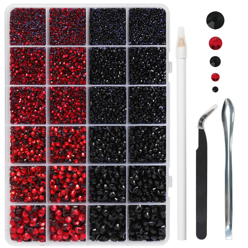Hotfix Rhinestones Multi Sizes Kit, 14400 pcs Heat Fix Rhinestone for Bedazzling Clothes Crafts Mixed 5 Sizes with Wax Pencil, Tweezers and Spoon, SS6-SS30, Siam and Black