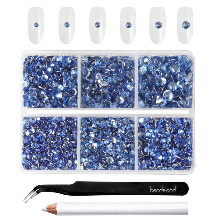 Beadsland 4300 piezas de diamantes de imitación con reverso plano, gemas para uñas, diamantes de imitación de cristal redondos para manualidades, mezcla de 6 tamaños con pinzas para recoger y kit de lápiz de cera, zafiro claro