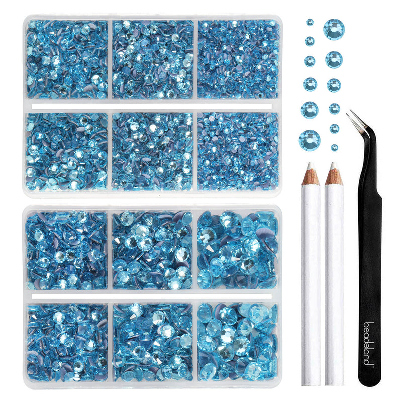 BEADSLAND Hotfix Rhinestones, 6080PCS Blue Rhinestones for Clothes Crafts Mixed 6 Sizes with Wax Pencil and Tweezers Kit - Aquamarine