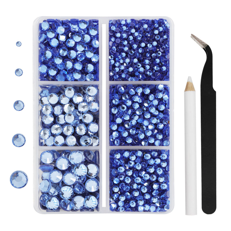 Hotfix Rhinestones 3960pcs, Rhinestone for Clothes, Hot Fix Crystals Rhinestones with Tweezers and Wax Pencil Kit,Mixed 5 Sizes, SS6-SS30, Light Sapphire