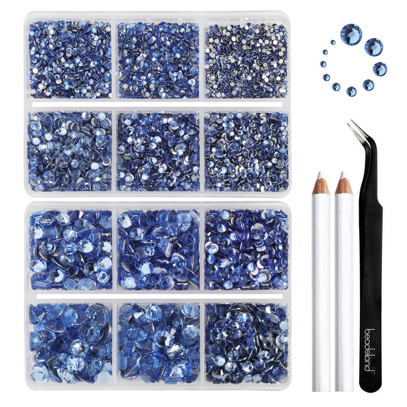 Beadsland 8300PCS Flatback Rhinestones, Nail Gems Round Crystal Rhinestones for Crafts, Mixed 10 Sizes with Wax Pencil and Tweezer Kit, SS3-SS30-Light Sapphire