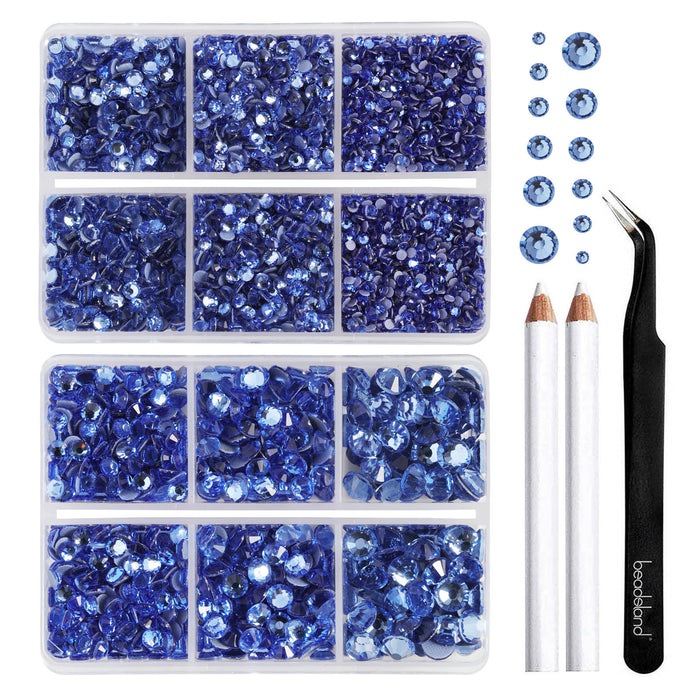 BEADSLAND Hotfix Rhinestones, 6080PCS Light Blue Rhinestones for Clothes Crafts Mixed 6 Sizes with Wax Pencil and Tweezers Kit - Light Sapphire