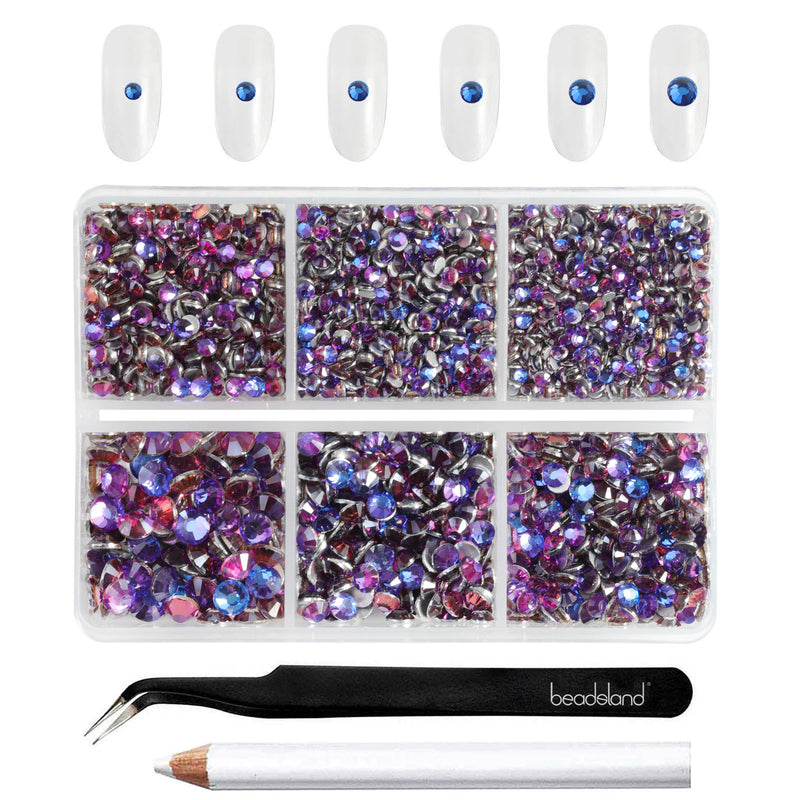 Beadsland 4300pcs Flatback Rhinestones,  Nail Gems Round Crystal Rhinestones for Crafts,Mixed 6 Sizes with Picking Tweezers and Wax Pencil Kit-Purple Velvet