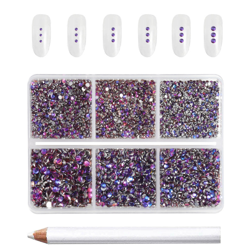 Beadsland 7200pcs Flatback Rhinestones,Nail Gems Round Crystal Rhinestones for Crafts,Mixed 6 Sizes with Wax Pencil Kit, SS3-SS10-Purple Velvet