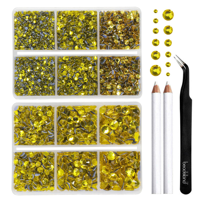 BEADSLAND Hotfix Rhinestones, 6080PCS Lemon Yellow Rhinestones for Clothes Crafts Mixed 6 Sizes with Wax Pencil and Tweezers Kit - Citrine