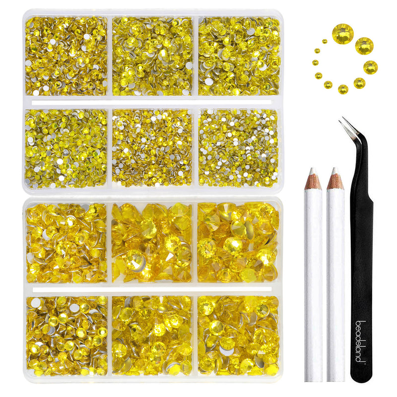 Beadsland 8300PCS Flatback Rhinestones, Nail Gems Round Crystal Rhinestones for Crafts, Mixed 10 Sizes with Wax Pencil and Tweezer Kit, SS3-SS30-Citrine/Lemon Yellow