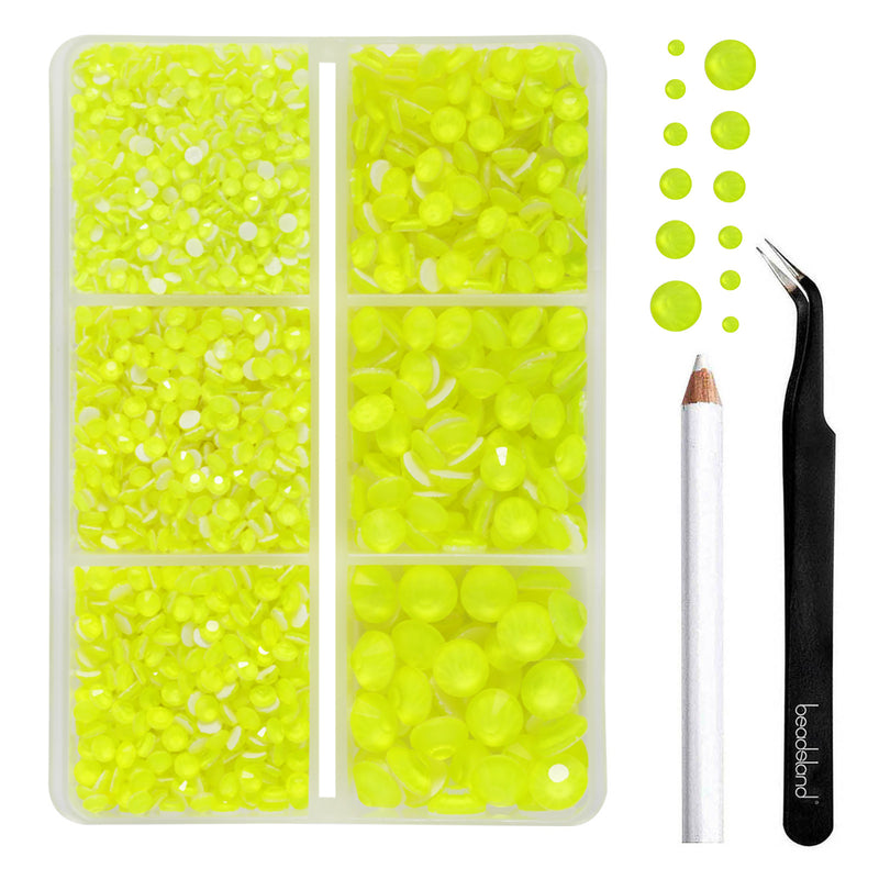 BEADSLAND Hotfix Rhinestones, 4000 PCS Neon Yellow Rhinestones for Clothes Crafts Mixed 6 Sizes with Wax Pencil and Tweezers Kit, SS6-SS30, Neon Yellow