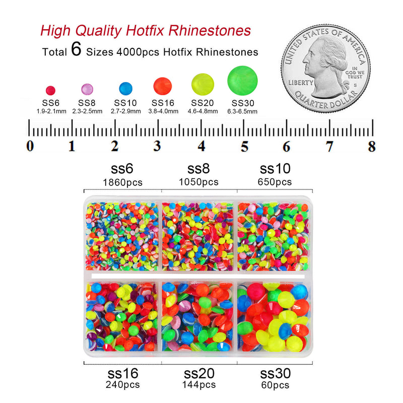 BEADSLAND Hotfix Rhinestones, 4000 PCS Neon Rhinestones for Clothes Crafts Mixed 6 Sizes with Wax Pencil and Tweezers Kit, SS6-SS30, Neon Mix