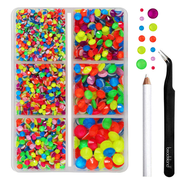 BEADSLAND Hotfix Rhinestones, 4000 PCS Neon Rhinestones for Clothes Crafts Mixed 6 Sizes with Wax Pencil and Tweezers Kit, SS6-SS30, Neon Mix