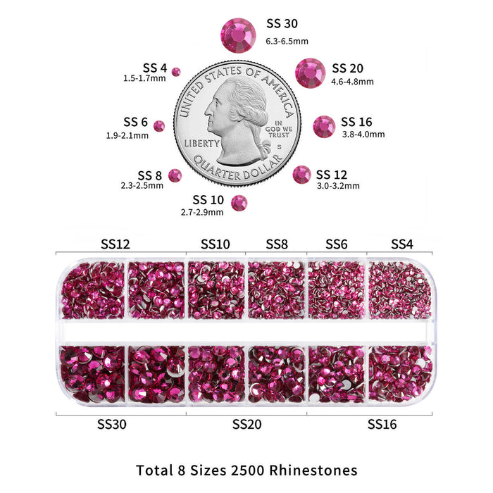 Beadsland Rhinestones for Makeup,8 sizes 2500pcs Flatback Rhinestones Face Gems for Nails Crafts with Tweezers and Wax Pencil- Fuchsia