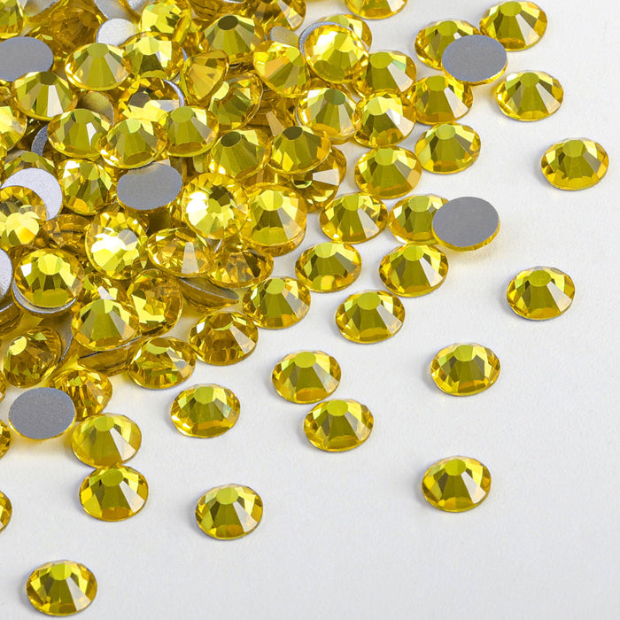 Beadsland - Diamantes de imitación de cristal con parte trasera plana, gemas redondas para decoración de uñas y pegamento para manualidades, color amarillo limón