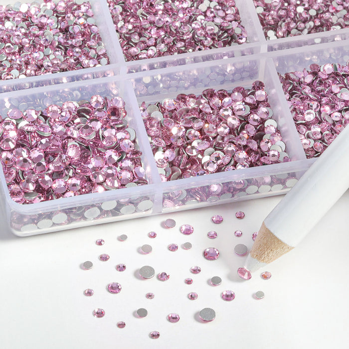 Beadsland 7200 piezas de diamantes de imitación con reverso plano, gemas para uñas, diamantes de imitación de cristal redondos para manualidades, 6 tamaños mezclados con kit de lápiz de cera, SS3-SS10, rosa claro