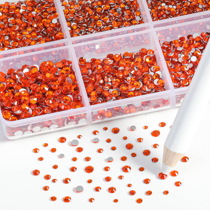 Beadsland 7200 piezas de diamantes de imitación con reverso plano, gemas para uñas, diamantes de imitación de cristal redondos para manualidades, 6 tamaños mezclados con kit de lápiz de cera, SS3-SS10- naranja