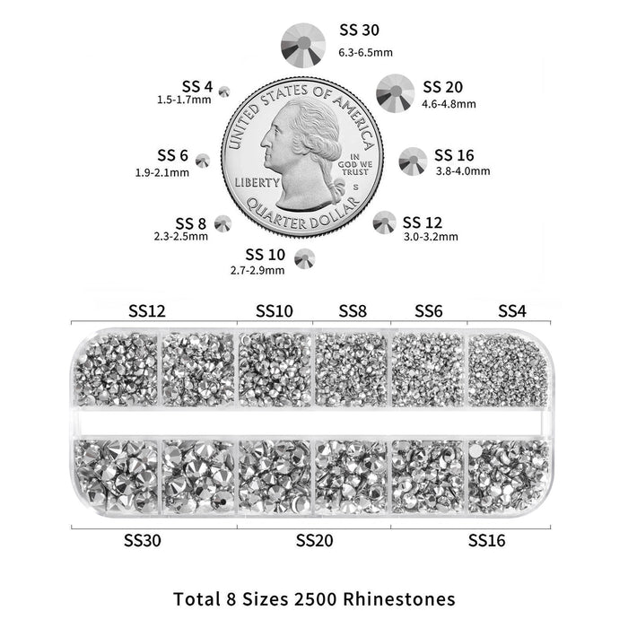 Beadsland Diamantes de imitación para maquillaje, 8 tamaños, 2500 piezas, diamantes de imitación con reverso plano, gemas para la cara para uñas, manualidades con pinzas y lápiz de cera, hematita plateada