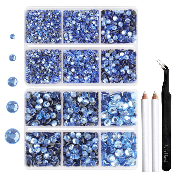 6736 piezas de diamantes de imitación Hotfix para manualidades, ropa, mezcla de 5 tamaños, cristales Hotfix con pinzas y kit de lápices de cera, SS6-SS30- Light Sapphire