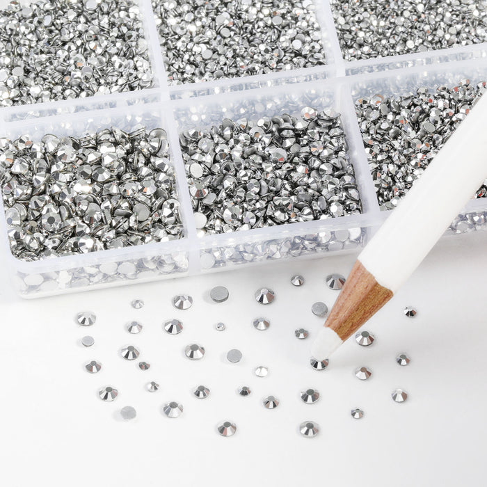 Beadsland 7200 piezas de diamantes de imitación con reverso plano, gemas para uñas, diamantes de imitación de cristal redondos para manualidades, 6 tamaños mezclados con kit de lápiz de cera, SS3-SS10, hematita plateada