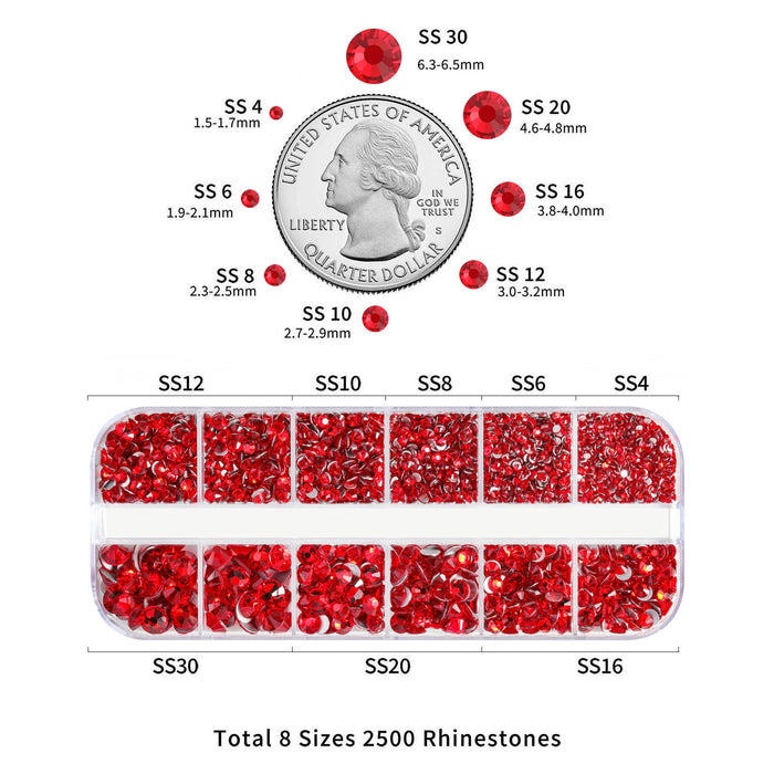 Beadsland Strasssteine ​​für Make-up, 8 Größen, 2500 Stück, flache Rückseite, Strasssteine, Gesicht, Edelsteine ​​für Nägel, Basteln mit Pinzette und Wachsstift – helles Siam