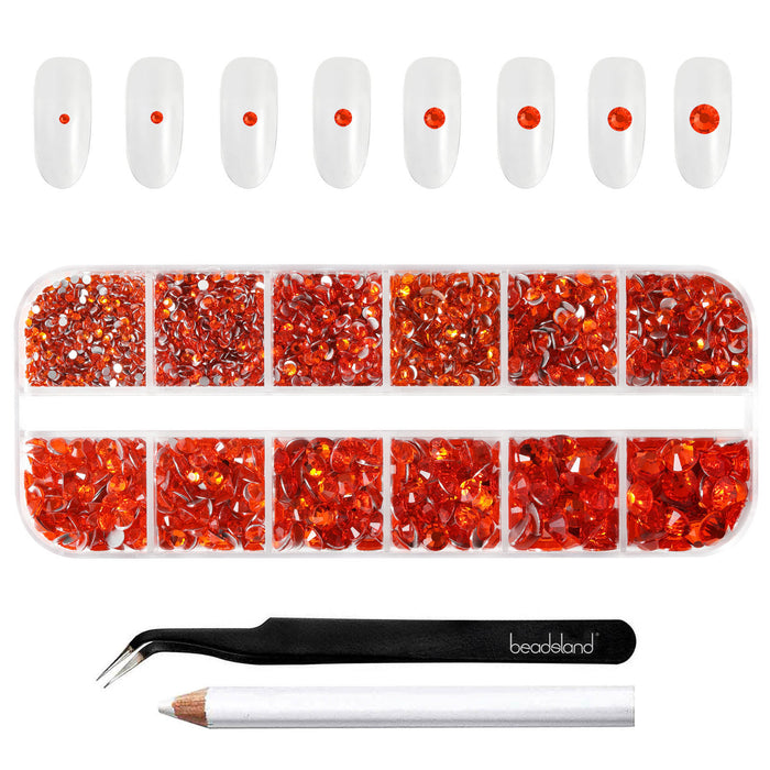 Beadsland Rhinestones for Makeup,8 sizes 2500pcs Flatback Rhinestones Face Gems for Nails Crafts with Tweezers and Wax Pencil- Orange