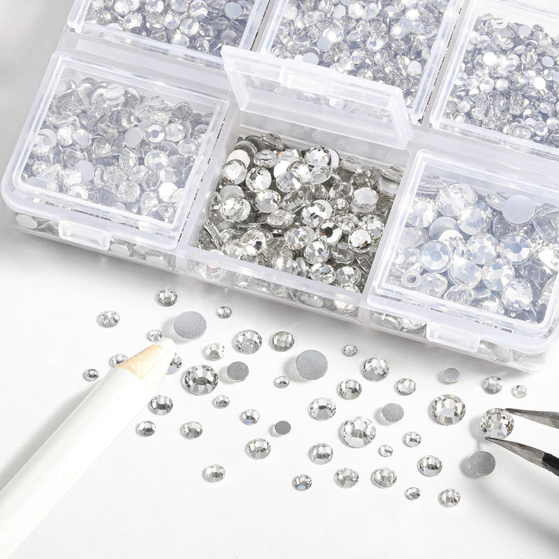 Beadsland 4300pcs Flatback Rhinestones,  Nail Gems Round Crystal Rhinestones for Crafts,Mixed 6 Sizes with Picking Tweezers and Wax Pencil Kit- Crystal